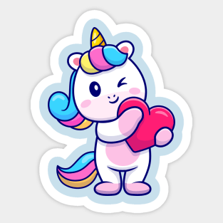 Cute Unicorn Holding Heart Cartoon Sticker